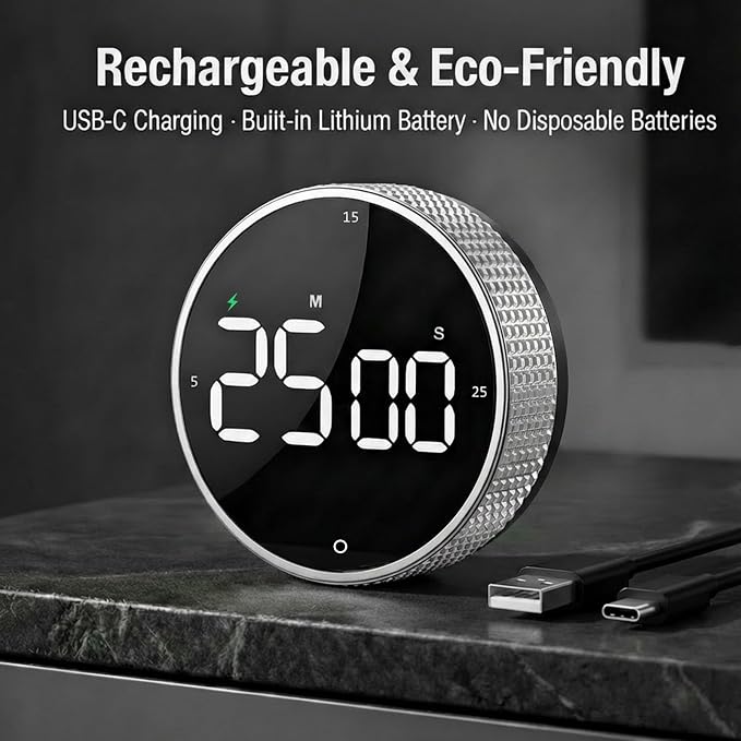 Rechargeable Magnetic Kitchen Timer, LED Countdown/Up Timer, Supports USB-C - Image 2