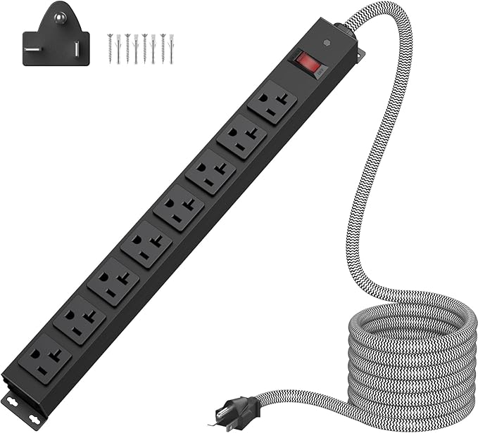 HEZI 20 Amp Power Strip Surge Protector 1200J, Metal 8 Outlets Heavy Duty 20amp, 15Ft 12 Gauge Extension Cord for Appliance Workbench Garage Industrial, Combine with T-Plug Adapter,5-20R T-Slot-DeskLoop Office