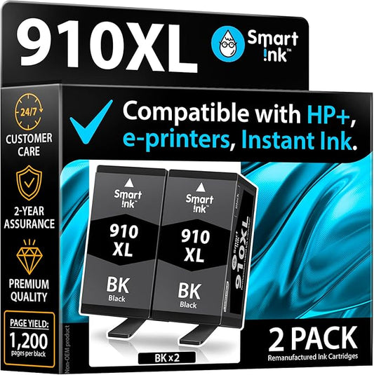 Smart Ink Remanufactured Ink Cartridge Replacement for HP 910 XL 910XL (Black XL 2 Combo Pack) to use with HP OfficeJet Pro 8025e 8028e 8035e 8025 8028 8035 OfficeJet 8015e 8022e 8015 8022 Printers-DeskLoop Office