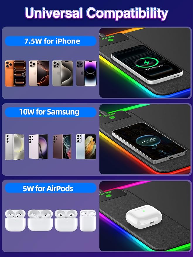 XL RGB Gaming Mouse Pad with 15W Magnetic Wireless Charging, 31.5'' x 11.8'' - Image 5