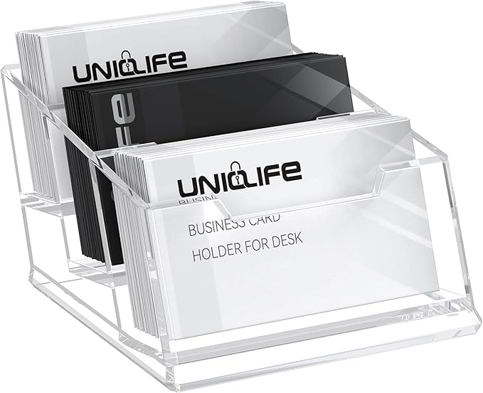 Uniclife Acrylic Business Card Holder for Desk 3 Slots Clear Business Card Display Stand for Men & Women Desktop Business Card Organizer Card Stand for Office Home Exhibition, 180 Card Capacity-DeskLoop Office