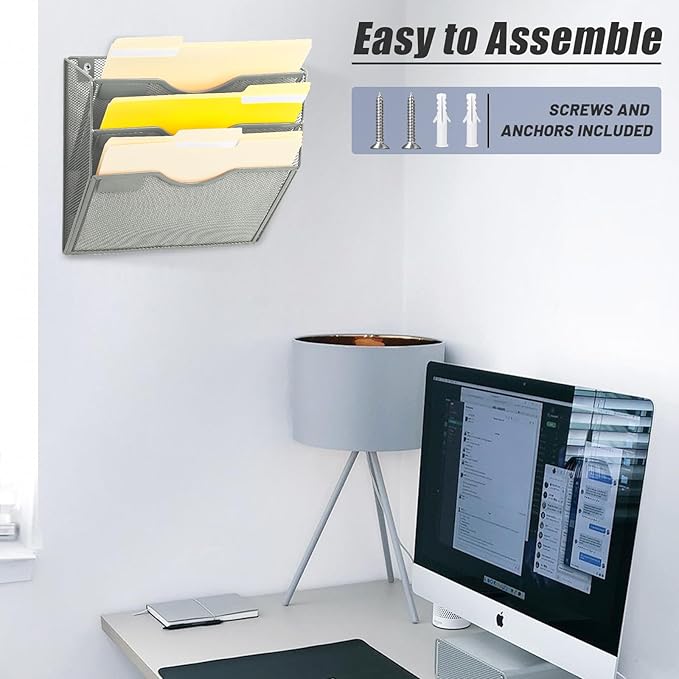 EASEPRES 3 Pocket Mesh Hanging Wall File Organizer, Wall Mounted Mail Paper Document Folder Holder, Clipboard Storage Organization Magazine Rack with Nametag Label for Office Home School, Gray-DeskLoop Office