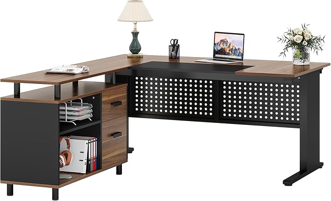 Tribesigns 63 Inch Executive Desk with File Cabinet, Large Office Desk L Shaped Computer Desk with Drawers and Storage Shelves, Business Furniture Desk Workstation for Home Office, Brown and Black-DeskLoop Office