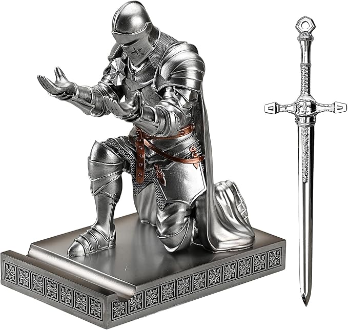 Medieval Armored Warrior Wearing Outerwear, Mobile Phone Stand Knight Pen Holder Desk Organizers, Resin Bookends Paperweight with a Letter Opener for Desk (Silver)-DeskLoop Office