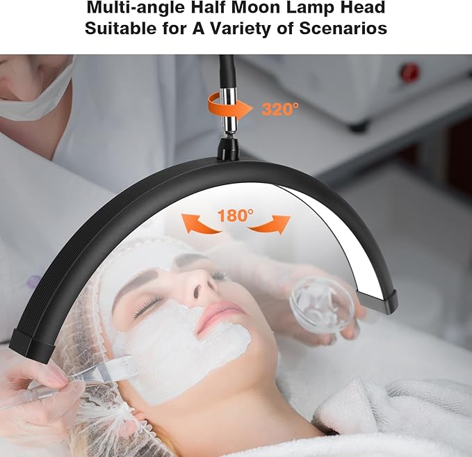 Lash Light for Eyelash Tech with Wheels, Half Moon Light for Lashes, Nails and Estheticians, LED Floor Lamp Adjustable Brightness and Color Modes (Black)