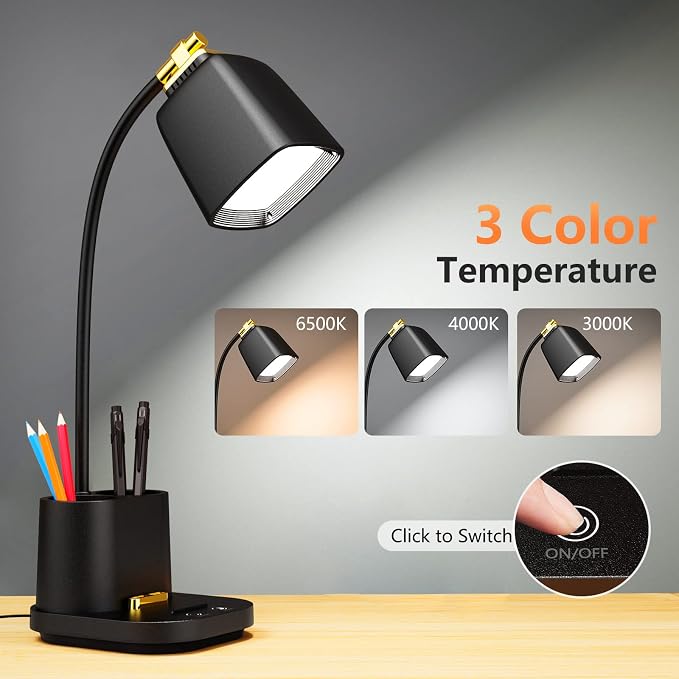 LED Desk Lamp with USB Charging Port Touch Control 3 Color Modes, Stepless - Image 2
