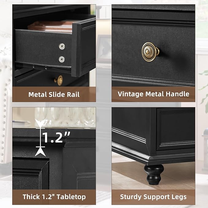 24" Wide Farmhouse Night Stand Set of 2,Large End Table with 3 Drawers & Metal Handle,Wood Dresser for Bedroom Cabinet, Bed Side Table Chest of Drawers,Nightstand for Living Room,Closet,Black-DeskLoop Office