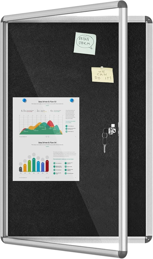 36"x24" Enclosed Bulletin Board, Lockable Weather-Resistant Aluminum Cork Noticeboard for School & Office, Silver Frame w/Black Flet-DeskLoop Office