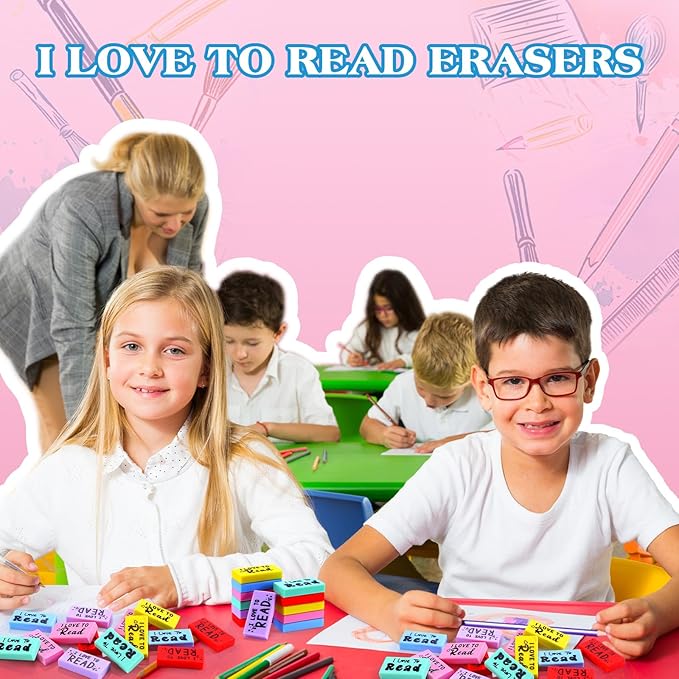 300 Pcs Inspirational Erasers for Kids Back to School Gifts I Love to Read Small Colorful Pencil Erasers for Students Classroom Cute Motivational Gift for Drawing School Office Supplies-DeskLoop Office