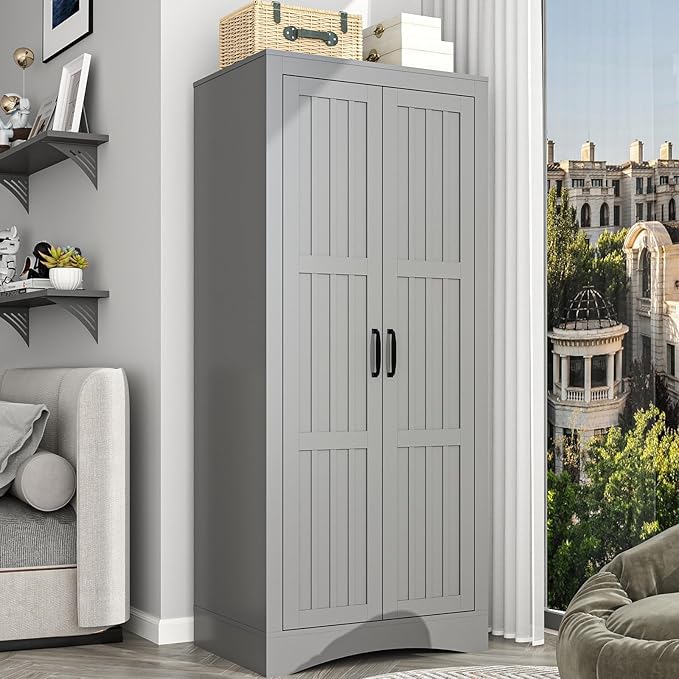 2 Door Wardrobe Closet, Wood Armoire with 2 Shelves and Hanging Rod, Freestanding Tall Storage Cabinet, Bedroom and Guest Room Armoire Cabinet for Clothes Storage, Gray-DeskLoop Office
