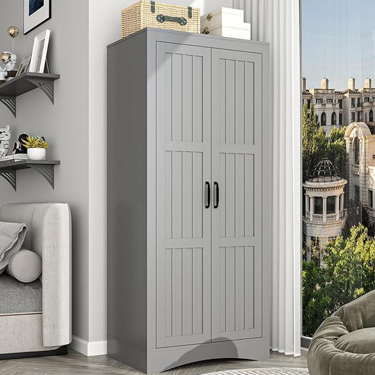 2 Door Wardrobe Closet, Wood Armoire with 2 Shelves and Hanging Rod, Freestanding Tall Storage Cabinet, Bedroom and Guest Room Armoire Cabinet for Clothes Storage, Gray-DeskLoop Office