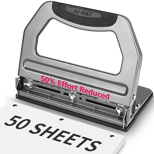 AFMAT Heavy Duty 3 Hole Punch, 50-Sheet, 50% Reduced Effort, Adjustable Two & Three Hole Punch, Metal Paper Puncher w/Large Chip Tray, Metal Paper Guide, Gray