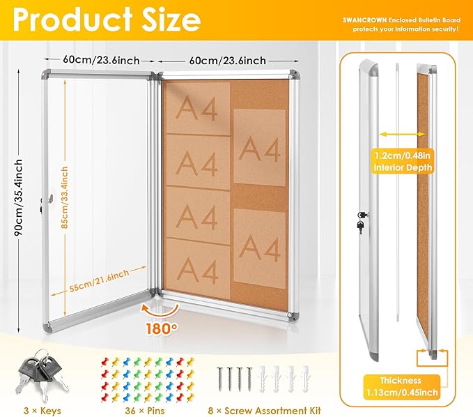 SWANCROWN Enclosed Bulletin Board 36x24 in, Tamperproof Lockable Cork Board Wall Display Case for Office School Home, Aluminum Frame-DeskLoop Office