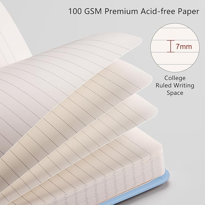 RETTACY Lined Journal Notebook, 192 Numbered Pages, A5 Medium Size (5.7'' x 8.3''), for Men & Women, Journaling, Writing, Work & Office, Leather Hardcover, 100 GSM Thick Paper (Light Blue)-DeskLoop Office