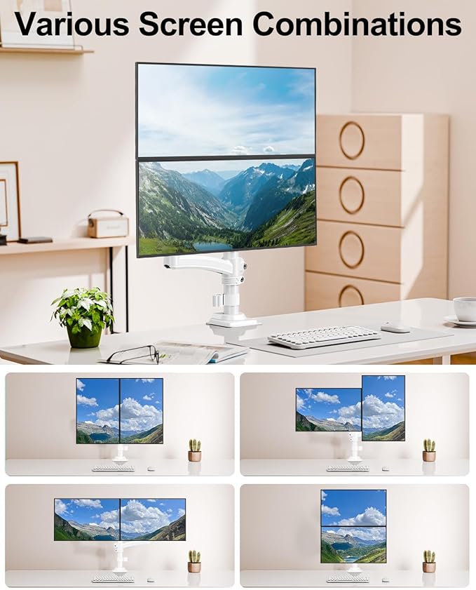 Dual Monitor Stand for Desk, Taller Monitor Arms for 2 Screens up to 32 inch, Ergonomic Adjustable Gas Spring Double Computer Monitor Mount, Holds 4.4-22lbs, VESA 75/100mm, White, Freelift-DeskLoop Office