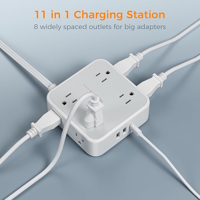 Flat Plug Long Extension Cord 25 Ft, TESSAN Power Strip Surge Protector with 8 Outlets 3 USB Ports (1 USB C), 900J Protection Desktop Charging Station for Home, Office, Dorm Room Essentials-DeskLoop Office