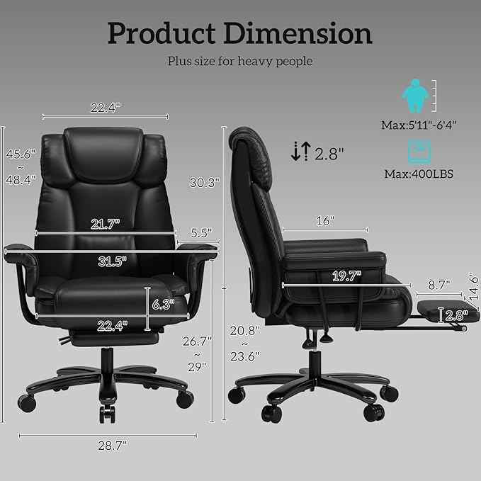 GYI Criss Cross Chair with Wheels, 160° Big and Tall Reclining Office Desk Chair with High Back, Wide Seat, Arms, Footrest, Black-DeskLoop Office