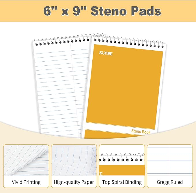 SUNEE 2 Pack Steno Pads 6x9, Gregg Rule, 60 Sheets, Spiral Notebook 6x9 - Image 4