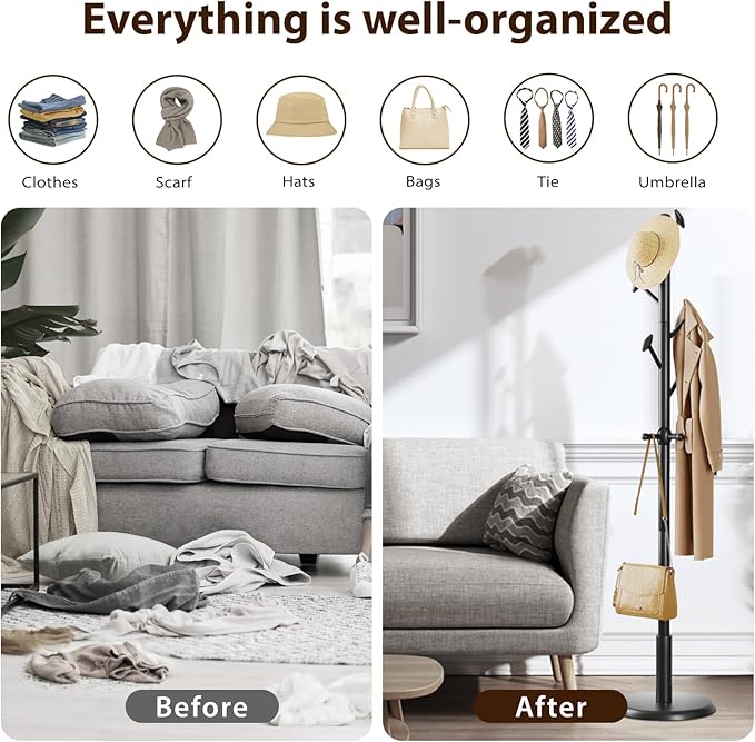 Solid Wood Coat Rack Freestanding Coat Tree with 10 Hooks for Bedroom, Livingroom, Entryway, Sturdy Coat Hanger Stand for Hats, Coats, Scarves, Handbags, Purses-DeskLoop Office