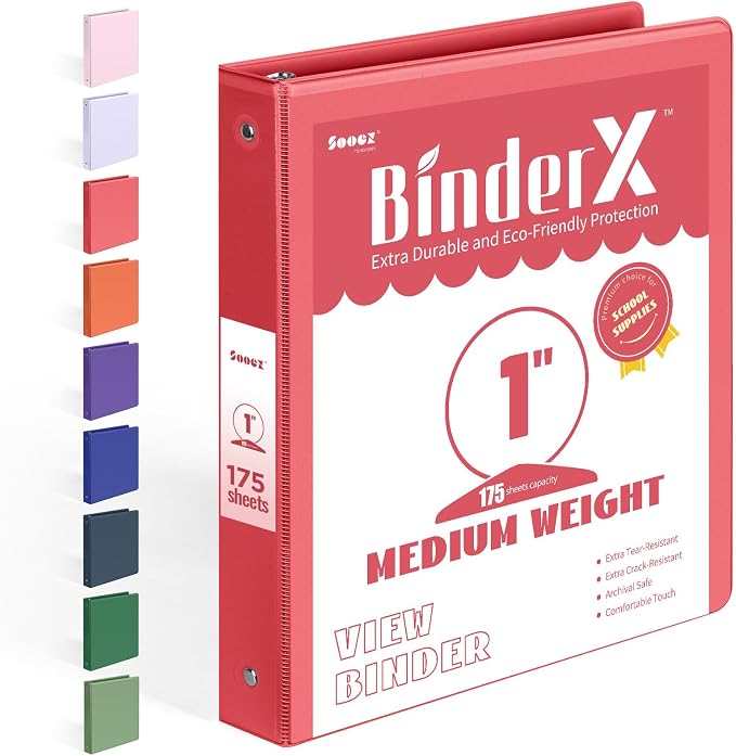 BinderX Extra Durable 3 Ring Binder, Round Rings 1 Inch Binder, Fits 175 Sheets by Sooez