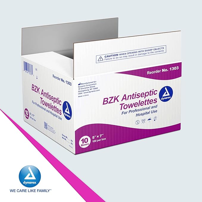 Dynarex BZK Antiseptic Towelettes, 5" x 7", Disposable and Premoistened, Individually Wrapped, 1 Case | 10 Boxes of 100 Dynarex BZK Antiseptic Towelettes (Packaging May Vary)-DeskLoop Office