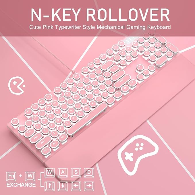 Camiysn Typewriter Style Mechanical Gaming Keyboard, Pink Retro Punk Gaming Keyboard with White Backlit, 104 Keys Blue Switch Wired Cute Keyboards, Round Keycaps for Windows/Mac/PC-DeskLoop Office