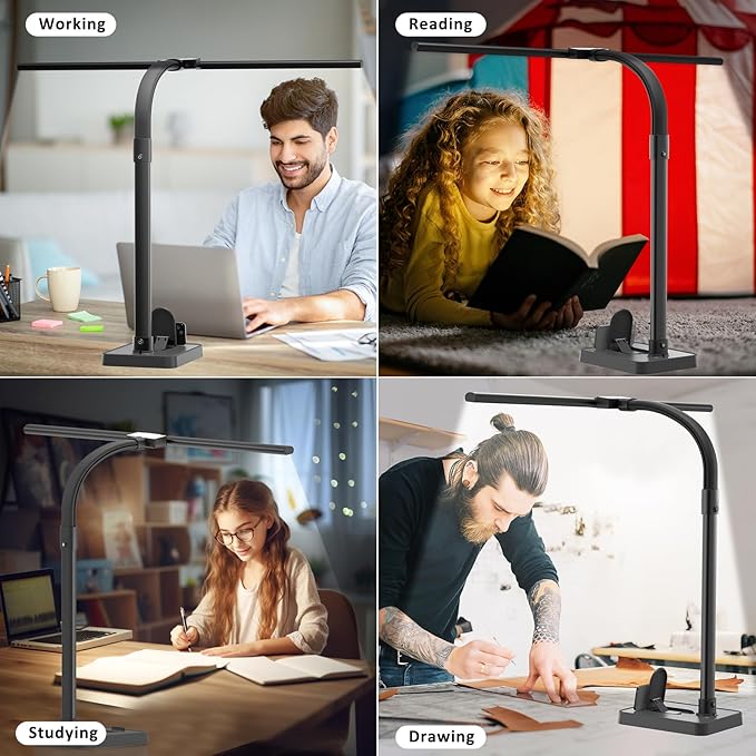 Double Head LED Desk Lamp, Architect Desk Lamps for Home Office, 24W Brightest Workbench Office Lighting-5 Color Modes and 5 Dimmable Eye Protection Modern Desk Lamp (Black-Desktop, Big)-DeskLoop Office