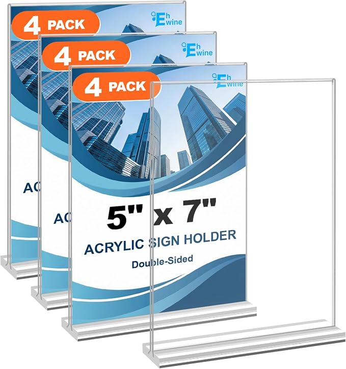 EHWINE 4 Pack Acrylic Sign Holders 5x7 Double-Sided Tabletop Display Stands by EHWINE