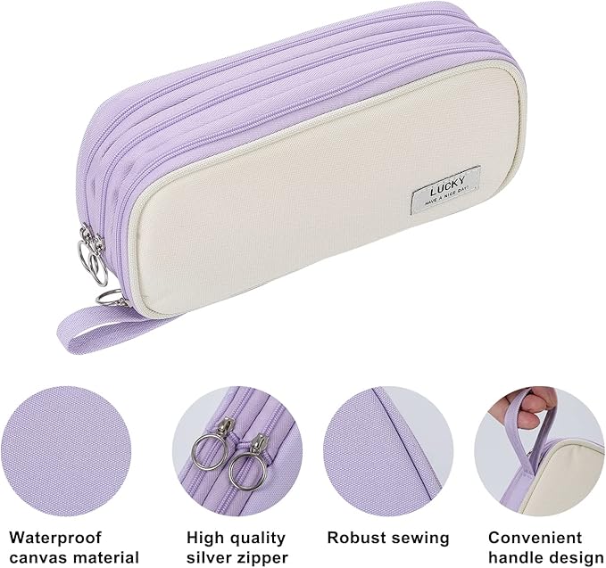 Large Pencil Case Zipper Pencil Pouch Organizer Big Capacity Pencil Bag with Handle Portable for Girls Kids Adults Gift Pen Case for School Home Office Purple-DeskLoop Office