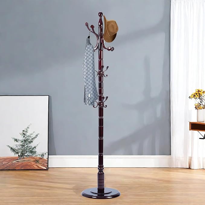 Solid Wood Coat Rack – 72" Freestanding Coat Racks Stand with 14 Hooks & Stable Base, Adjustable Height Modern Wooden Hall Tree for Entryway, Bedroom, Office, Home (Mahogany Lucky Hook)-DeskLoop Office