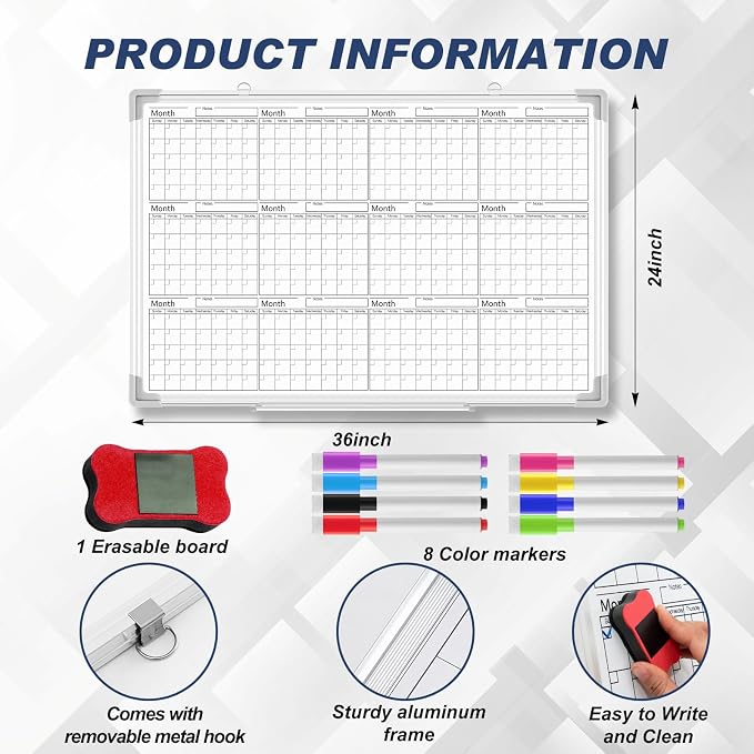 Lincia 36" x 24" Magnetic Horizontal Yearly 12 Month Dry Erase Calendar - Image 2