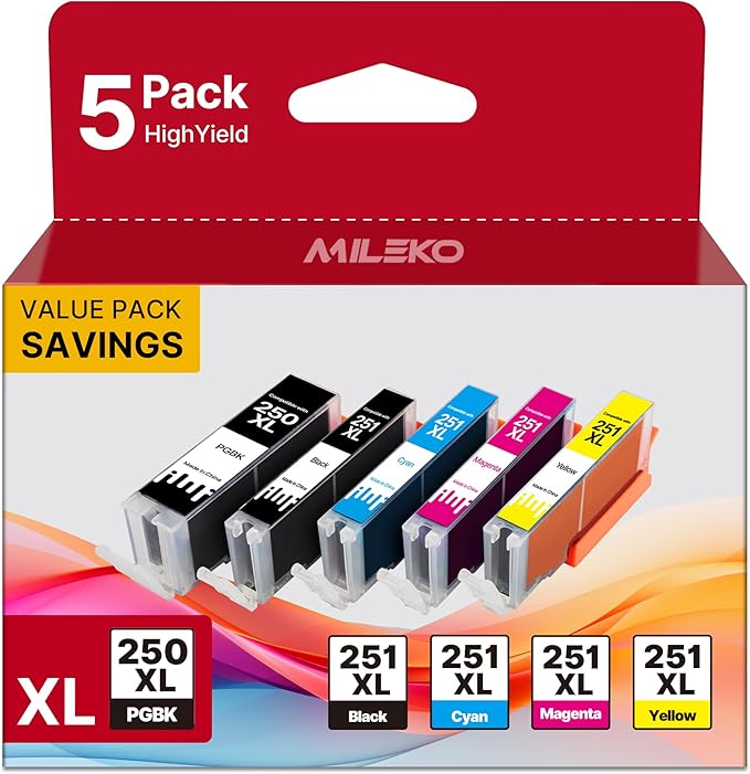 250 251XL Ink Cartridges for Canon Printers for Canon 250 and 251 Ink Cartridges for PIXMA MX922, MG5420, MG5520, MG5522, MG6320, MG6620, iP7220 Printer (5 Pack, PGBK, Black, Cyan, Magenta, Yellow)-DeskLoop Office