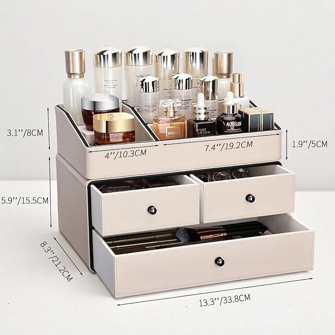 KINGFOM Leather Makeup Organizer with 3 Drawers, 2 Tier Cosmetic Storage Organizer for vanity Dresser Countertop and Bathroom Vanity, Beauty Holder for Lipstick Brush Skincare (Beige)-DeskLoop Office