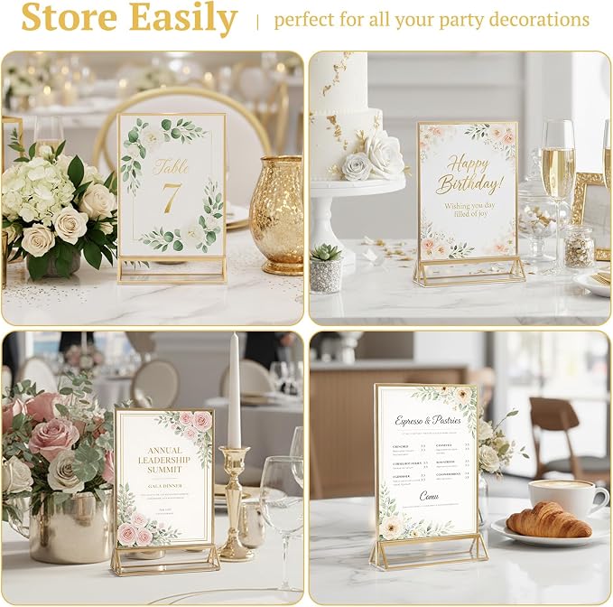 EHWINE 6 Pack Acrylic Sign Holder 5 x 7, Double Sided Gold Picture Frame Stand - Image 5