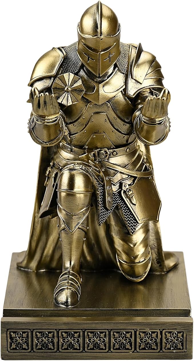 Medieval Armored Warrior Wearing Outerwear, Mobile Phone Stand Knight Pen Holder Desk Organizers, Resin Bookends Paperweight with a Letter Opener for Desk (Bronze)-DeskLoop Office