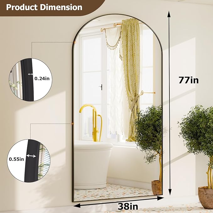 GLSLAND-38x77 inch Arched Full Length Mirror - Floor Mirrors Aluminum Alloy Frame Full Body Dressing Mirror for Bedroom Living Room,Black-DeskLoop Office