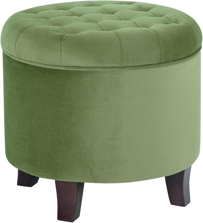 HomePop by Kinfine Fabric Upholstered Round Storage Ottoman - Velvet Button Tufted Ottoman with Removable Lid, Dark Green Small-DeskLoop Office