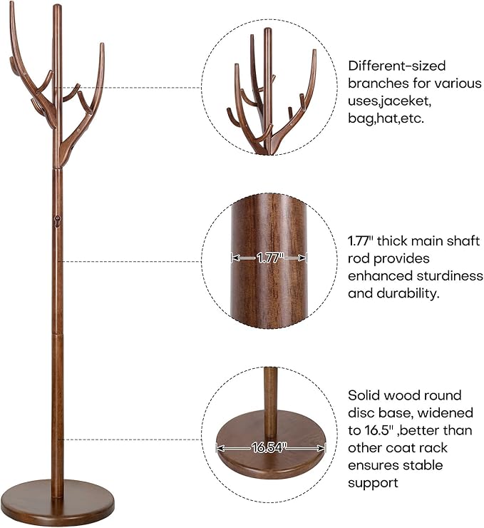 Wood Coat Rack, Coat Tree Freestanding Wooden Coat Rack Stand with 12 Hooks, Heavy Duty Hall Tree Coat Hat Stand with Sturdy Base, Free Standing Coat Racks for Entryway, Bedroom, Brown-DeskLoop Office