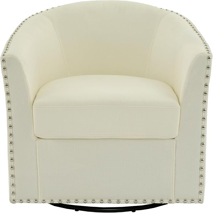 UIXE 360° Swivel Barrel Accent Chair Set of 2, Modern Upholstered Arm Chair Round Club Armchair, Nailhead Trim Single Sofa Seating in Fabric for Living Room - White-DeskLoop Office