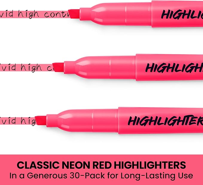 Taja 30 Pack Highlighters Neon Red, Chisel Tip Markers - Image 2