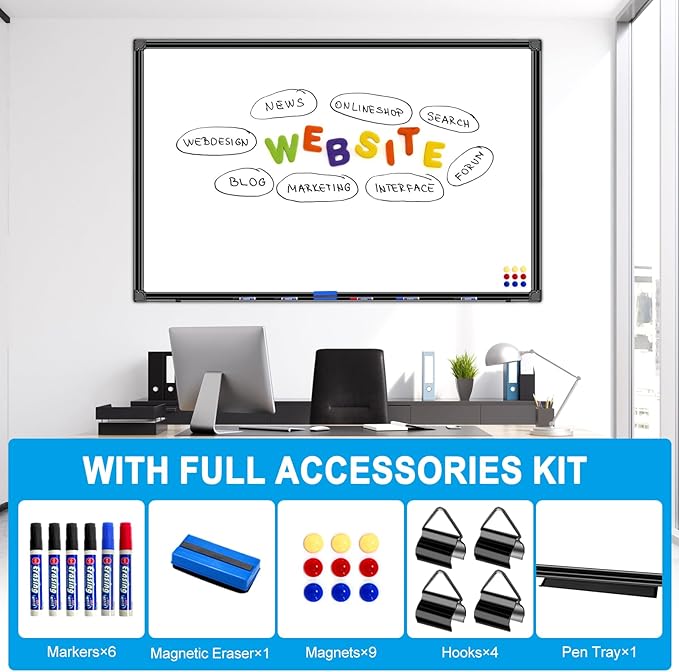 H-Qprobd 48"x24" Magnetic White Board Dry Erase Wall Mount Whiteboard - Office Home Classrooms White Board Hanging Writing Board with Black Aluminum Frame-DeskLoop Office
