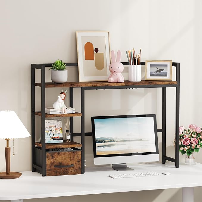 Marbrasse Desk Shelf with Drawer, Wooden Desktop Bookshelf Storage Rack - Image 8