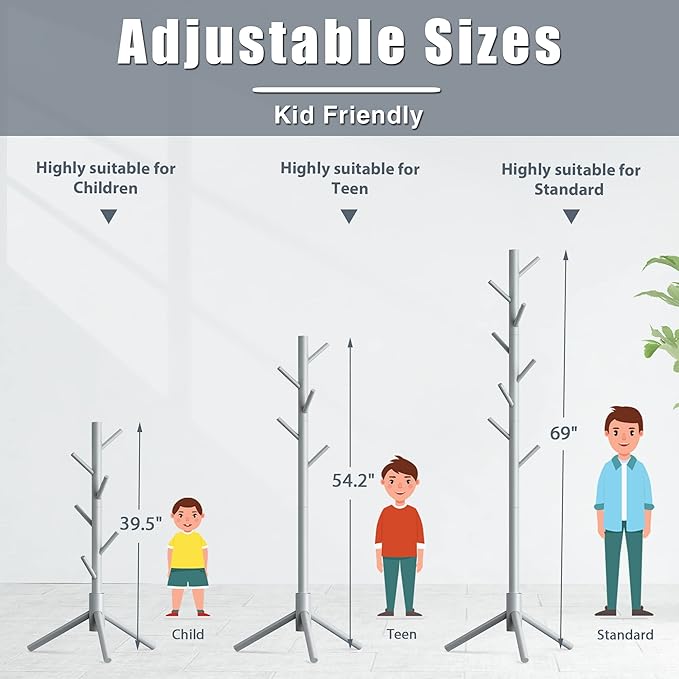 Haddockway Wooden Coat Rack Stand with 8 Hooks New Zealand Pine 3 Adjustable Coat Standing Tree Easy Assembly for Coats, Hats, Scarves and Handbags for Entryway, Hallway, Bedroom, Office-DeskLoop Office