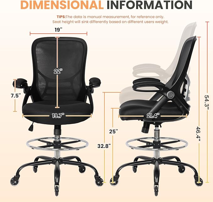 HYLONE Drafting Chair Adjustable, Tall Office Chair Lumbar Support Ergonomic Standing Desk Chair Heavy Duty Tall Drafting Stool for Artists with Footrest Home Office Drafting Stool-DeskLoop Office