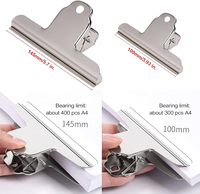 6pcs Stainless Steel Bulldog Clips, Extra Large & Medium Sizes, Holds Up to 400 - Image 3