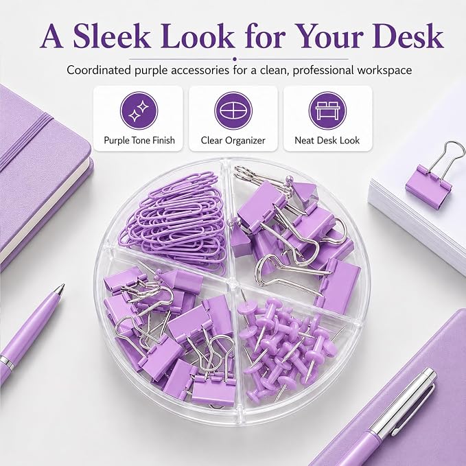 Purple Binder Clips and Paper Clips Push Pins Tacks Sets, Total 72 PCS Assorted - Image 3