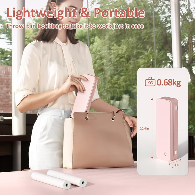 Inkless Portable Printer for Travel, Wireless Thermal Printer Supports 8.5 x 11 Inch US Letter Size, Bluetooth Machine Includes Carry Case and 3 Rolls of Thermal Paper Kit, Pink-DeskLoop Office