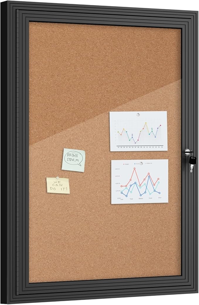36"x24" Enclosed Bulletin Board, Outdoor Lockable Weather-Resistant Aluminum Cork Noticeboard for School & Office Hospital, Black Frame w/Cork-DeskLoop Office
