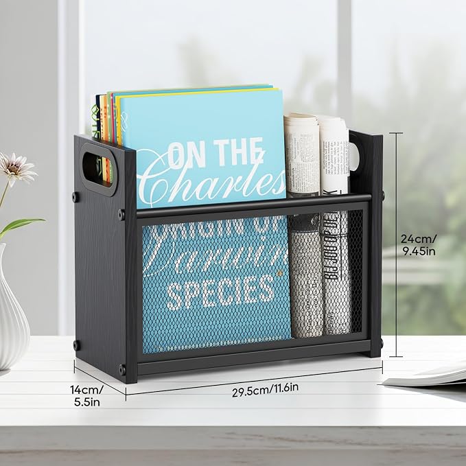 Black Magazine Holder, Wood Magazine Rack Floor, Mesh Magazine File Holder - Image 3