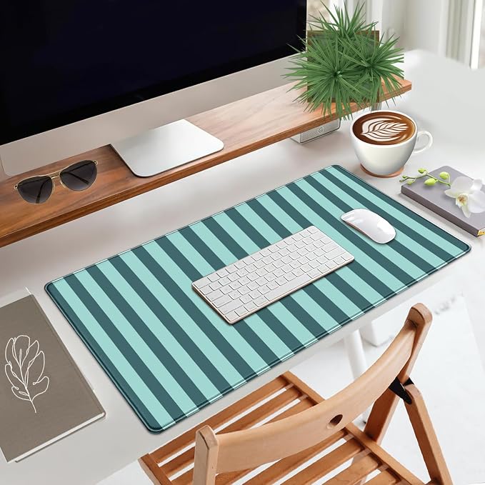 Teal Blue Striped Desk Mat Cute Pastel XXL Large Gaming Mouse Pad Desk Pad - Image 3